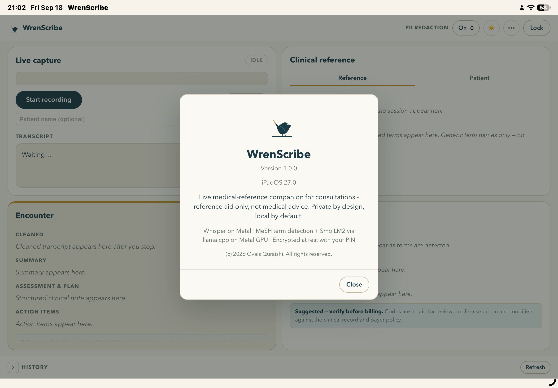 Click to zoom WrenScribe on iPad, live capture
