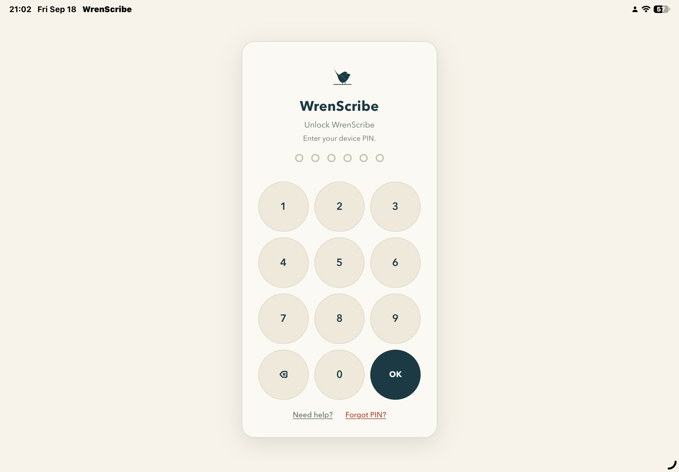 Click to zoom WrenScribe on iPad, PIN lock