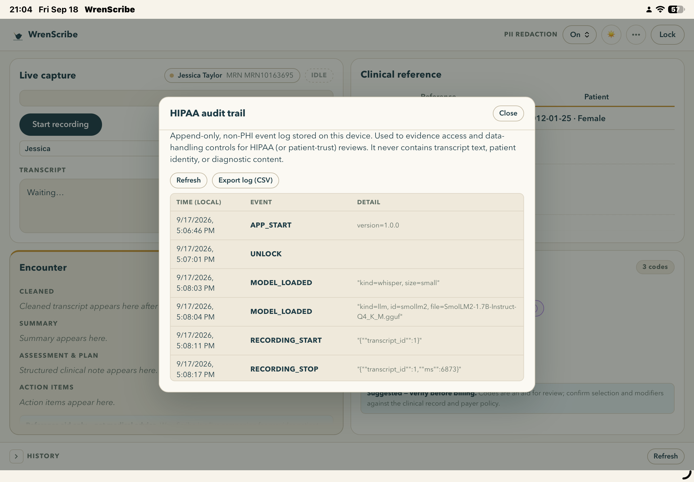 Click to zoom WrenScribe on iPad, HIPAA audit trail